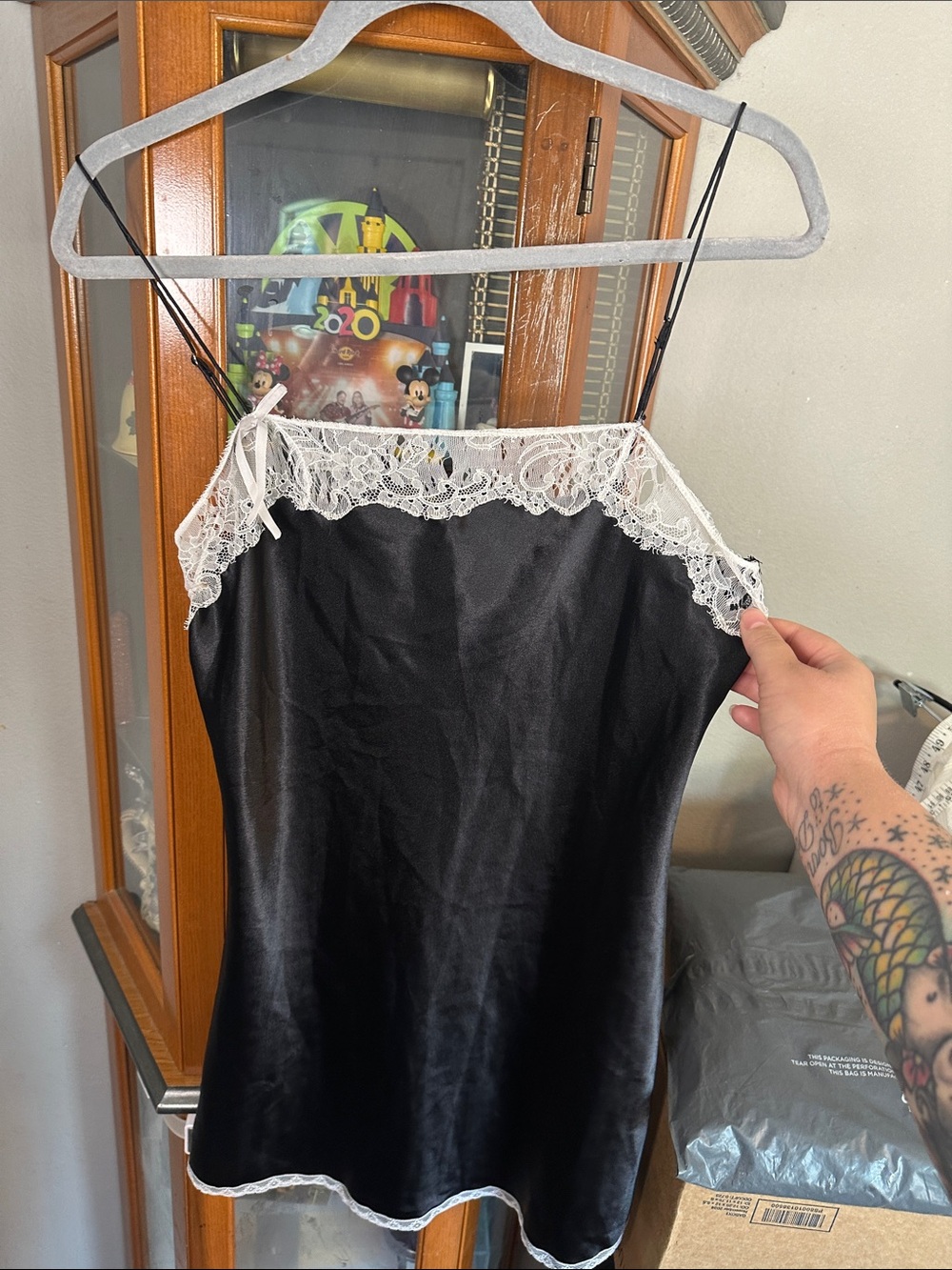 Victoria's Secret Black Satin Chemise with White Lace Trim